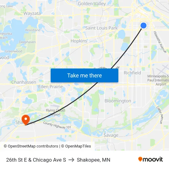 26th St E & Chicago Ave S to Shakopee, MN map
