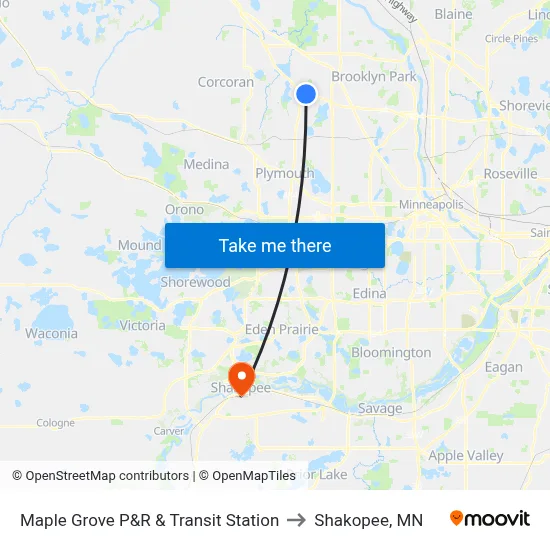 Maple Grove P&R & Transit Station to Shakopee, MN map
