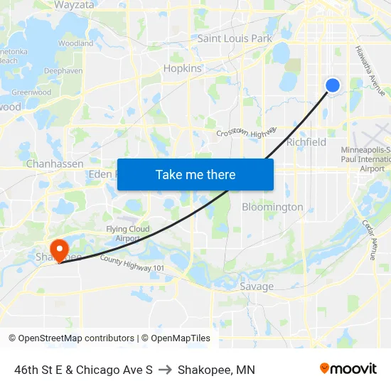 46th St E & Chicago Ave S to Shakopee, MN map