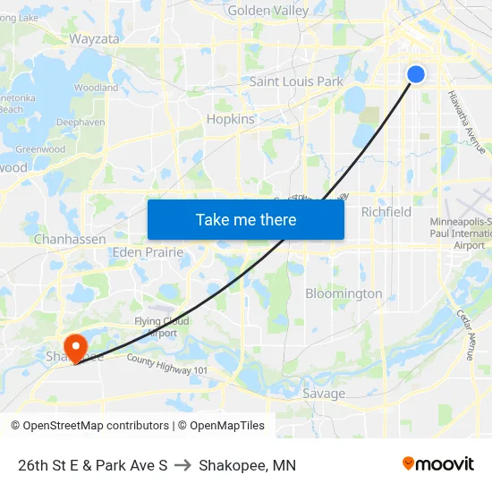 26th St E & Park Ave S to Shakopee, MN map