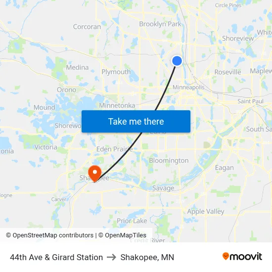 44th Ave & Girard Station to Shakopee, MN map