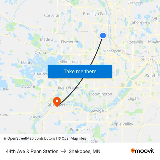 44th Ave & Penn Station to Shakopee, MN map