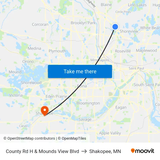 County Rd H & Mounds View Blvd to Shakopee, MN map