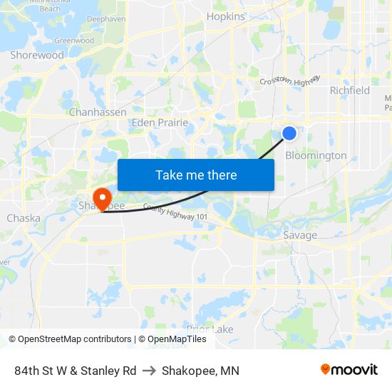 84th St W & Stanley Rd to Shakopee, MN map