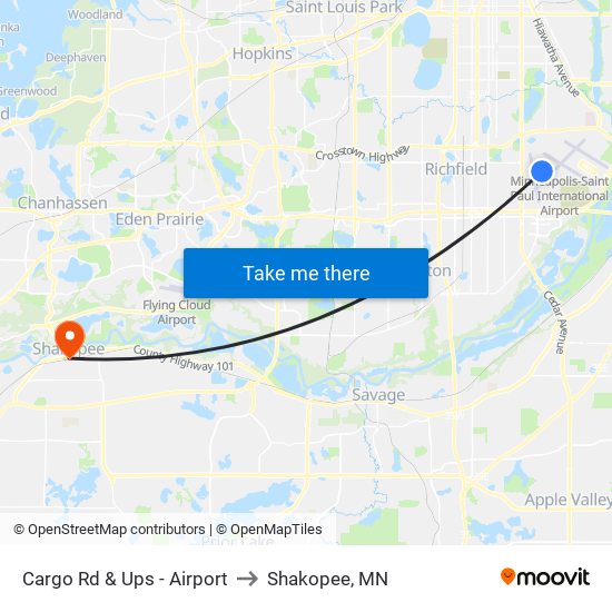 Cargo Rd & Ups - Airport to Shakopee, MN map