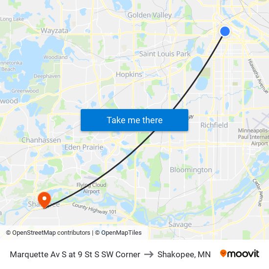 Marquette Av S at 9 St S SW Corner to Shakopee, MN map