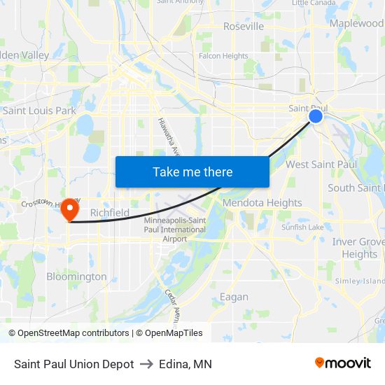 Saint Paul Union Depot to Edina, MN map