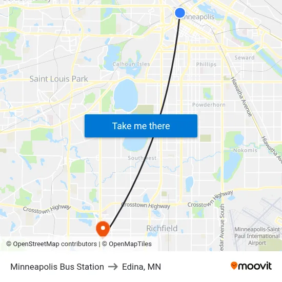 Minneapolis Bus Station to Edina, MN map