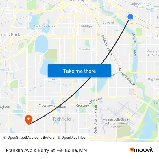 Franklin Ave & Berry St to Edina, MN map