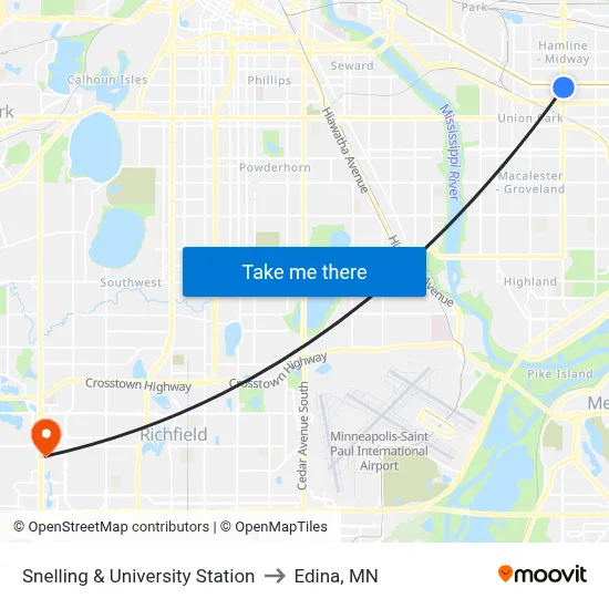 Snelling & University Station to Edina, MN map