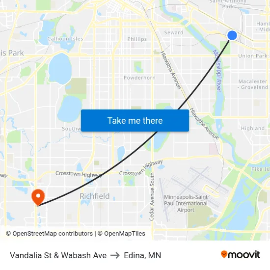 Vandalia St & Wabash Ave to Edina, MN map