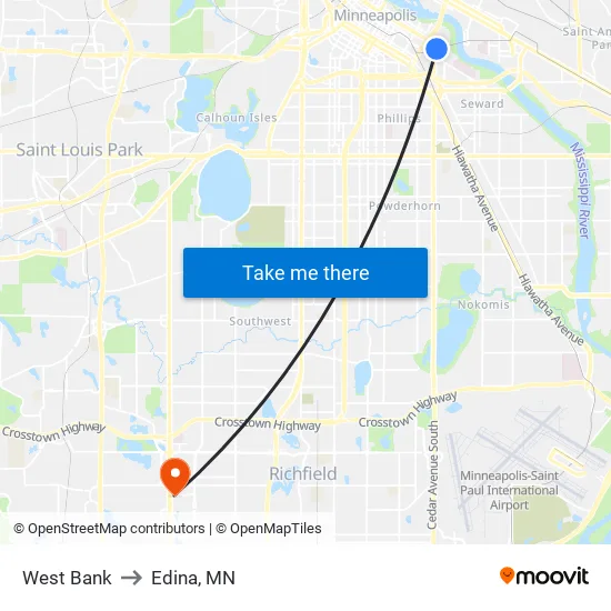 West Bank to Edina, MN map