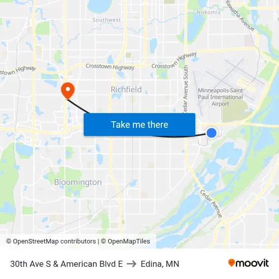 30th Ave S & American Blvd E to Edina, MN map