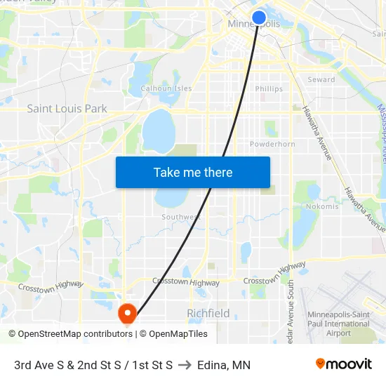 3rd Ave S & 2nd St S / 1st St S to Edina, MN map