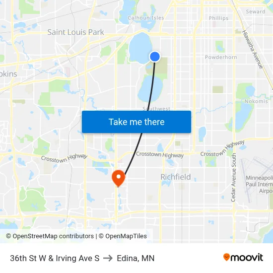 36th St W & Irving Ave S to Edina, MN map