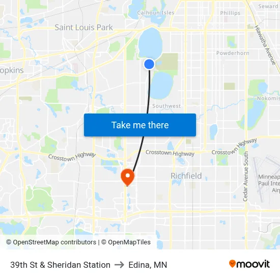 39th St & Sheridan Station to Edina, MN map