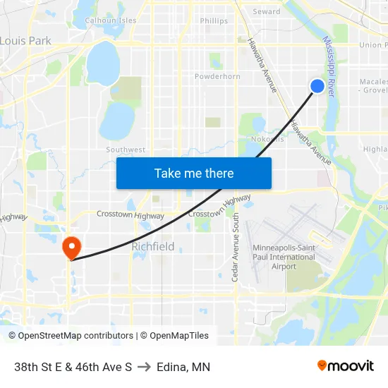 38th St E & 46th Ave S to Edina, MN map