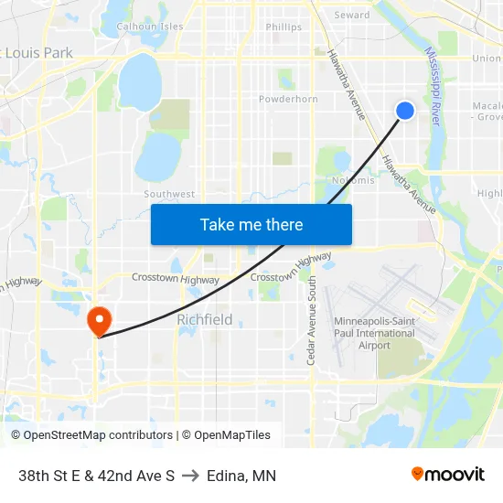 38th St E & 42nd Ave S to Edina, MN map