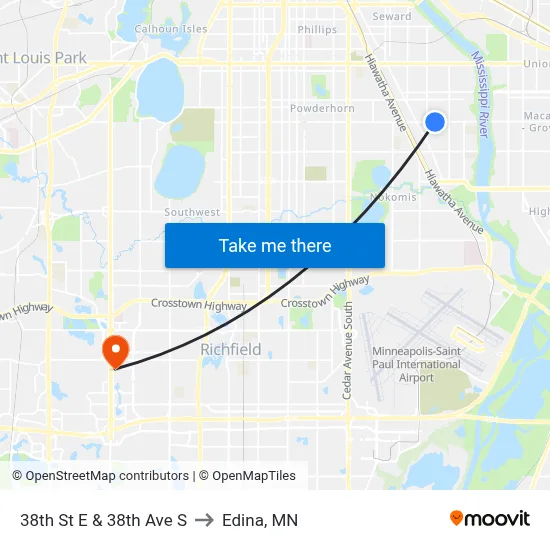 38th St E & 38th Ave S to Edina, MN map