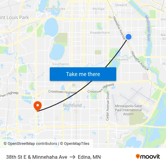 38th St E & Minnehaha Ave to Edina, MN map