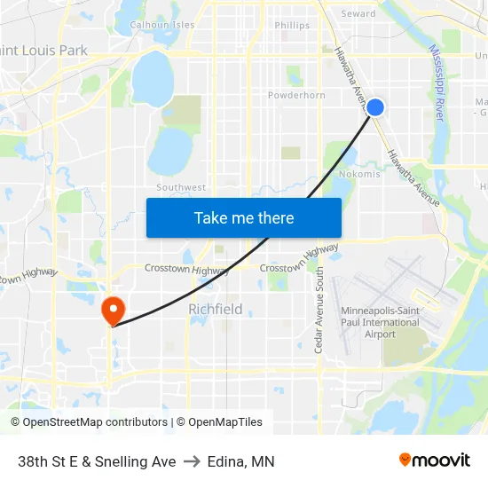 38th St E & Snelling Ave to Edina, MN map