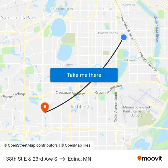 38th St E & 23rd Ave S to Edina, MN map