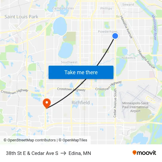 38th St E & Cedar Ave S to Edina, MN map