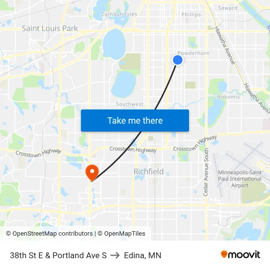 38th St E & Portland Ave S to Edina, MN map