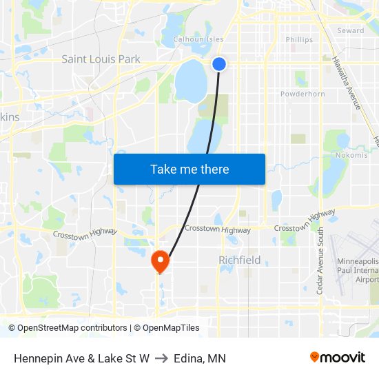 Hennepin Ave & Lake St W to Edina, MN map