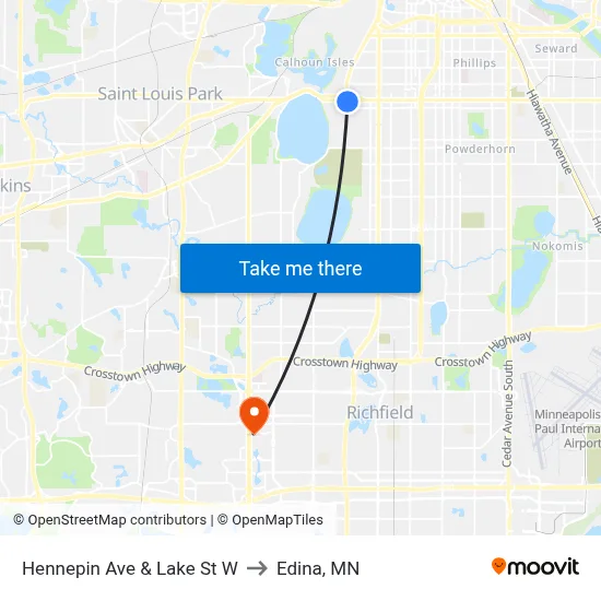 Hennepin Ave & Lake St W to Edina, MN map