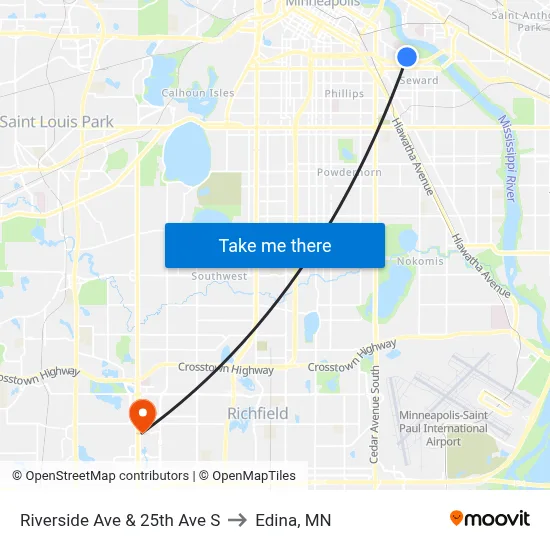 Riverside Ave & 25th Ave S to Edina, MN map