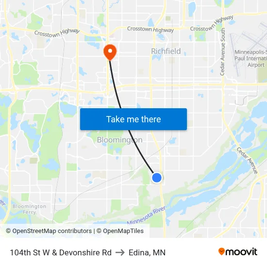 104th St W & Devonshire Rd to Edina, MN map