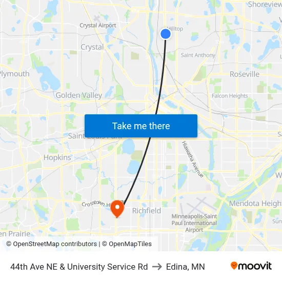 44th Ave NE & University Service Rd to Edina, MN map