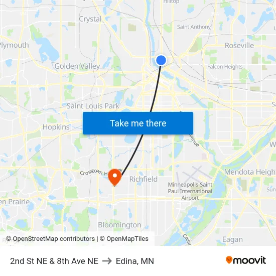 2nd St NE & 8th Ave NE to Edina, MN map