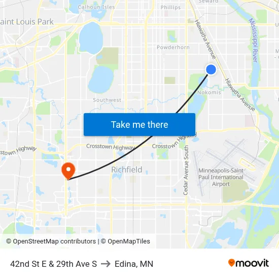 42nd St E & 29th Ave S to Edina, MN map