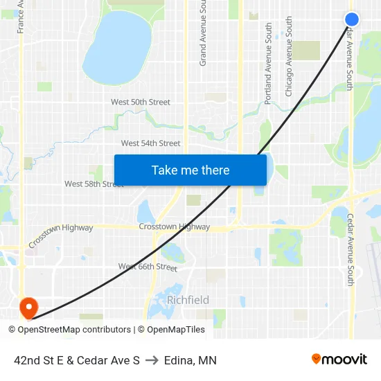 42nd St E & Cedar Ave S to Edina, MN map