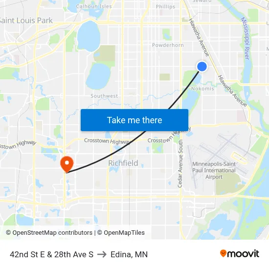 42nd St E & 28th Ave S to Edina, MN map