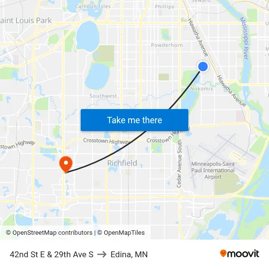 42nd St E & 29th Ave S to Edina, MN map