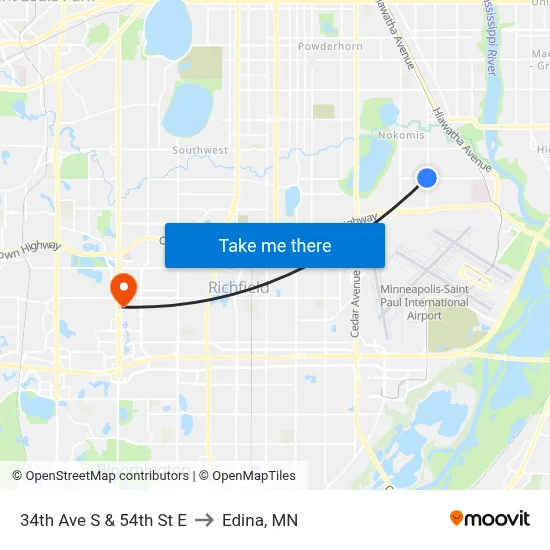 34th Ave S & 54th St E to Edina, MN map