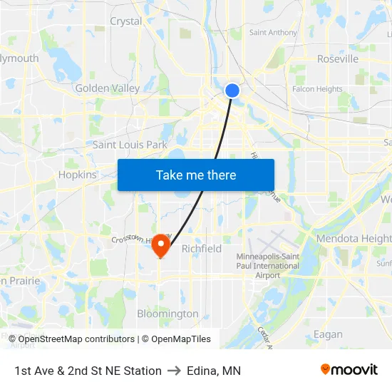 1st Ave & 2nd St NE Station to Edina, MN map