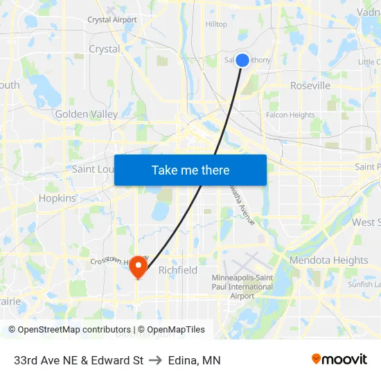33rd Ave NE & Edward St to Edina, MN map