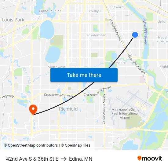 42nd Ave S & 36th St E to Edina, MN map