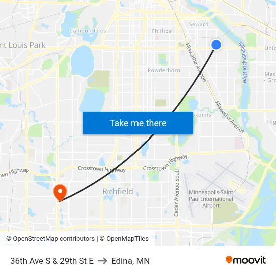 36th Ave S & 29th St E to Edina, MN map
