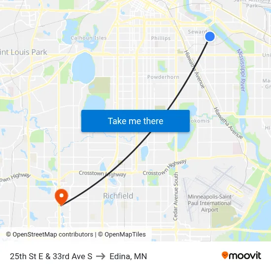 25th St E & 33rd Ave S to Edina, MN map