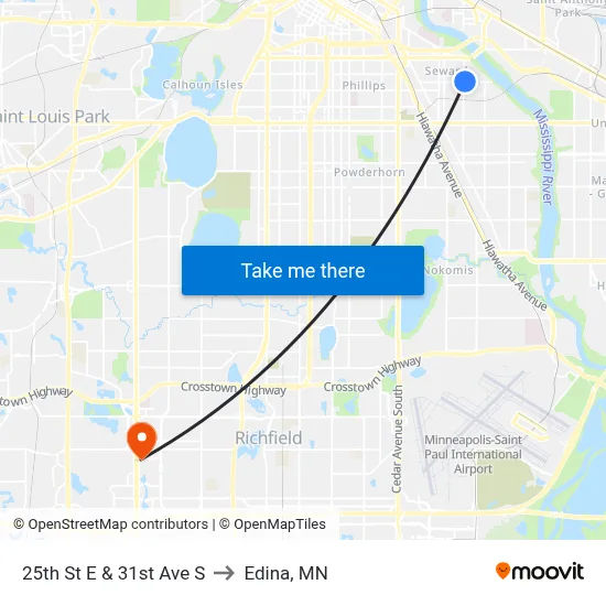 25th St E & 31st Ave S to Edina, MN map