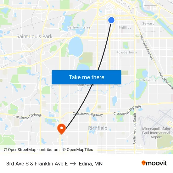 3rd Ave S & Franklin Ave E to Edina, MN map