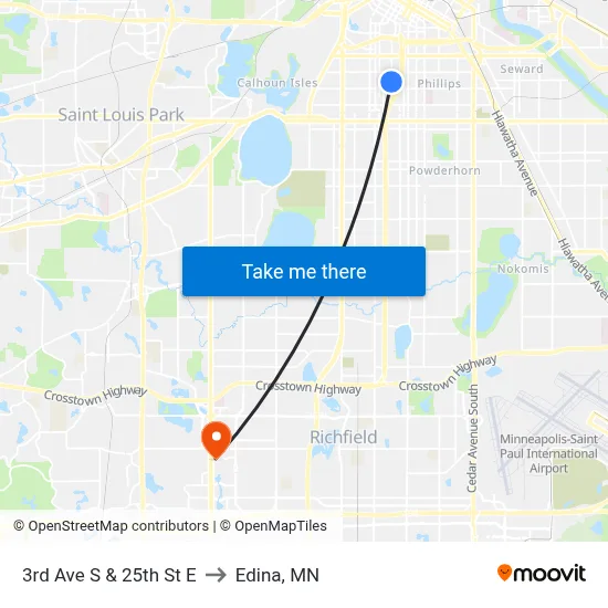 3rd Ave S & 25th St E to Edina, MN map