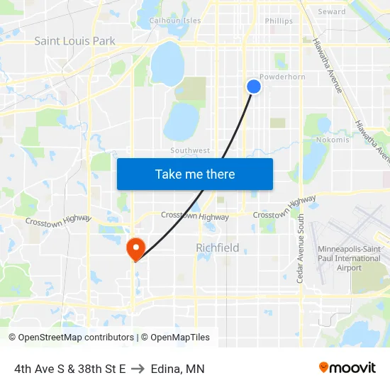 4th Ave S & 38th St E to Edina, MN map