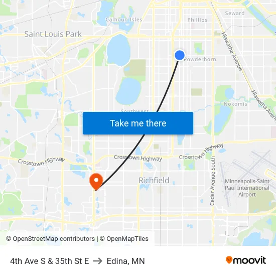 4th Ave S & 35th St E to Edina, MN map