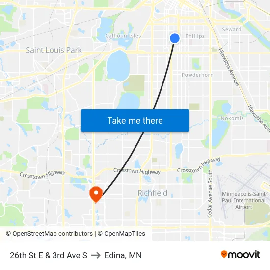 26th St E & 3rd Ave S to Edina, MN map